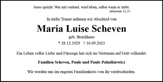 Traueranzeige von Maria Luise Scheven von Wiesbadener Kurier