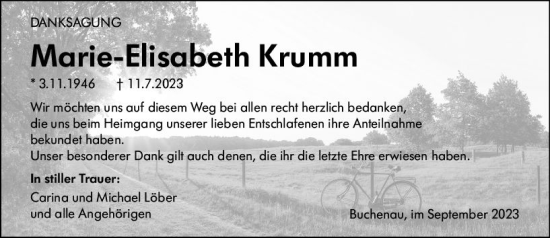 Traueranzeige von Marie-Elisabeth Krumm von Hinterländer Anzeiger