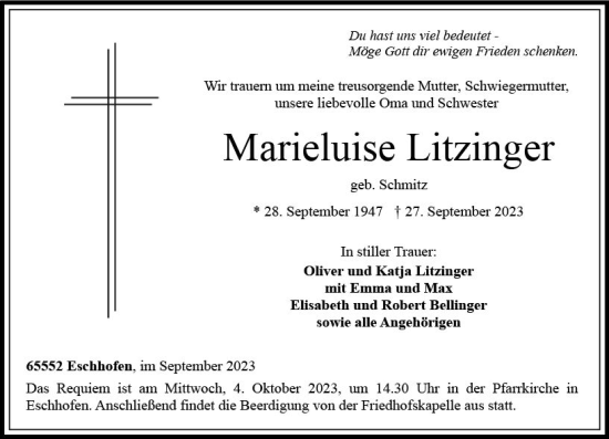 Traueranzeige von Marieluise Litzinger von Nassauische Neue Presse