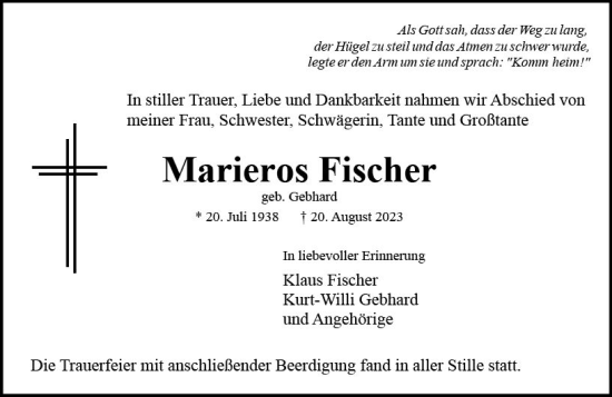 Traueranzeige von Marieros Fischer von Allgemeine Zeitung Mainz