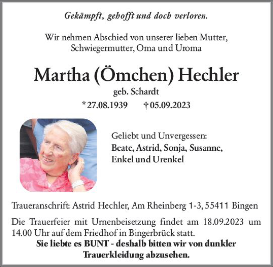 Traueranzeige von Martha  Hechler von Bingen/Ingelheim WOBL inkl. Neue Binger Ztg.
