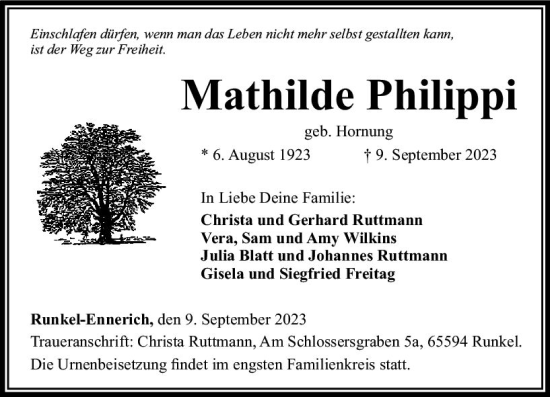 Traueranzeige von Mathilde Philippi von Allgemeine Zeitung Mainz