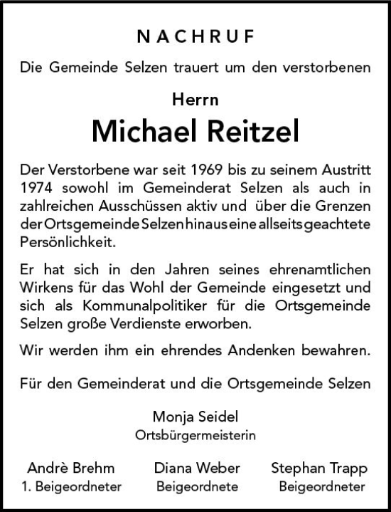 Traueranzeige von Michael Reitzel von Allgemeine Zeitung Mainz