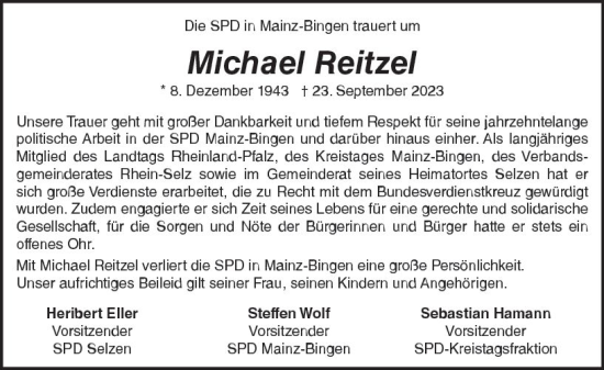 Traueranzeige von Michael Reitzel von Allgemeine Zeitung Bingen/Ingelheim