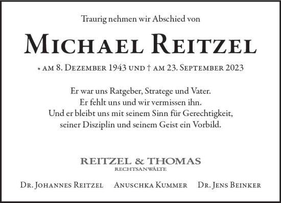 Traueranzeige von Michael Reitzel von Allgemeine Zeitung Mainz