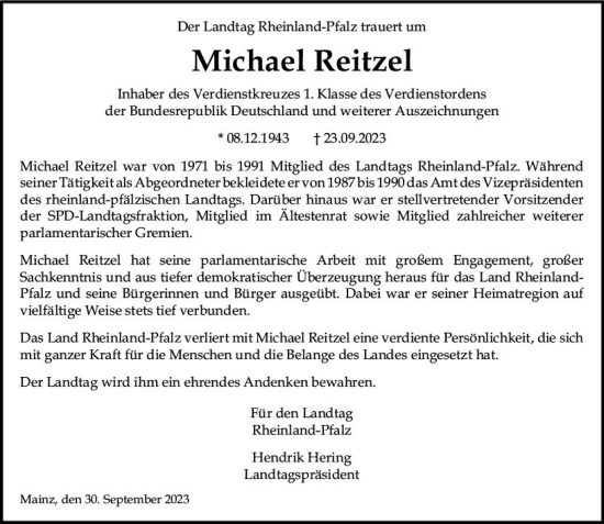 Traueranzeige von Michael Reitzel von Allgemeine Zeitung Mainz