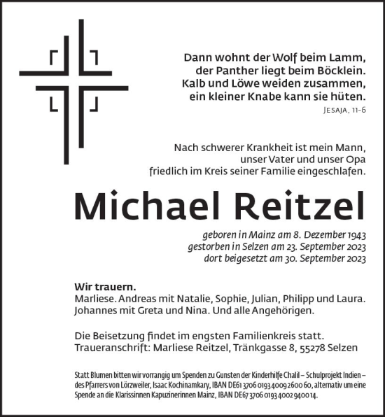 Traueranzeige von Michael Reitzel von Allgemeine Zeitung Mainz