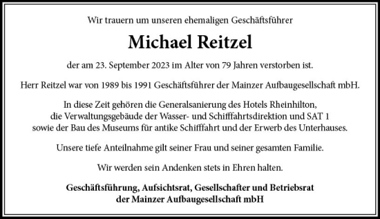 Traueranzeige von Michael Reitzel von Allgemeine Zeitung Mainz