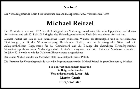 Traueranzeige von Michael Reitzel von Allgemeine Zeitung Mainz