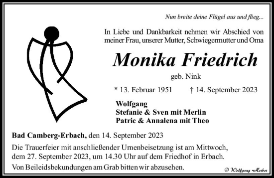 Traueranzeige von Monika Friedrich von Camberger Anzeiger