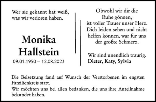Traueranzeige von Monika Hallstein von Odenwälder Echo