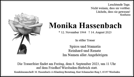Traueranzeige von Monika Hassenbach von Wiesbadener Kurier