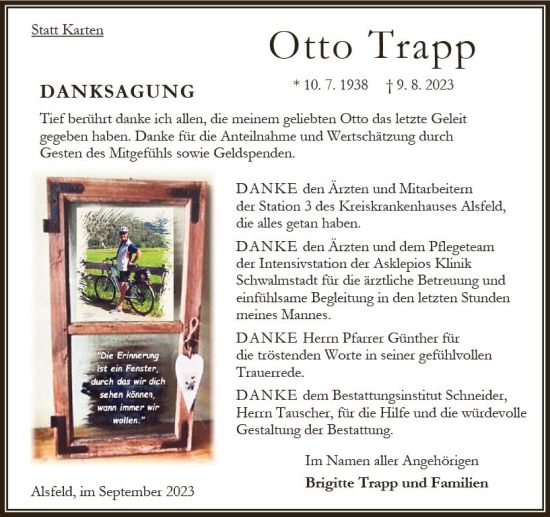 Traueranzeige von Otto Trapp von Oberhessen Kurier
