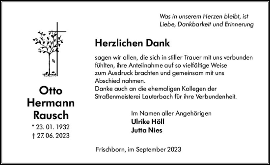 Traueranzeige von Otto Hermann Rausch von Oberhessen Kurier