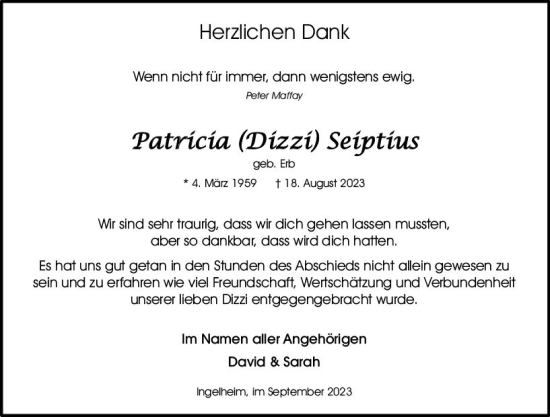 Traueranzeige von Patricia Seiptius von Allgemeine Zeitung Bingen/Ingelheim