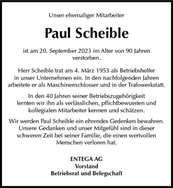 Traueranzeige von Paul Scheible von Odenwälder Echo