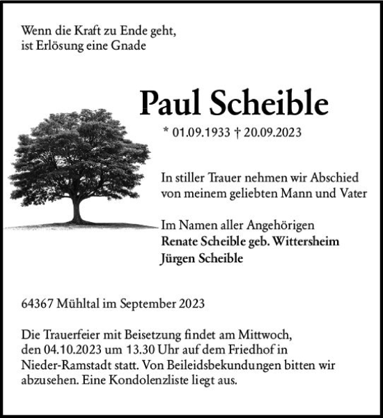Traueranzeige von Paul Scheible von Darmstädter Echo