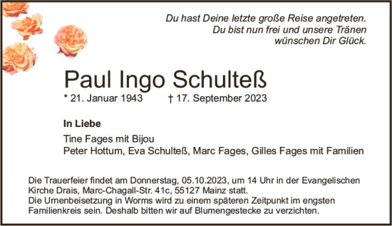 Traueranzeige von Paul Ingo Schulteß von Wormser Zeitung
