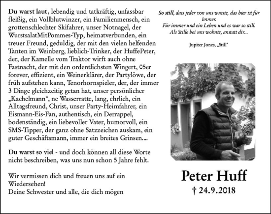 Traueranzeige von Peter Huff von Allgemeine Zeitung Mainz