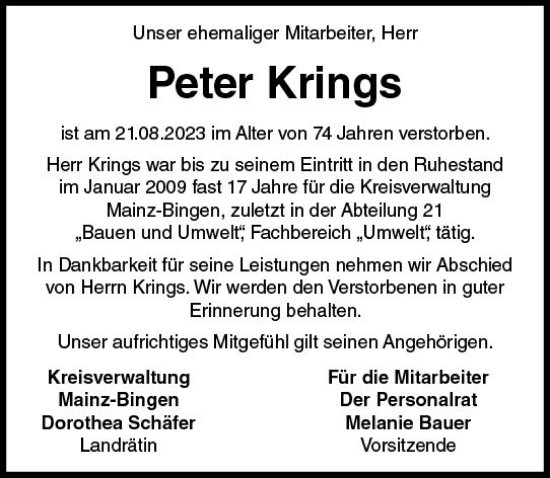 Traueranzeige von Peter Krings von Allgemeine Zeitung Mainz