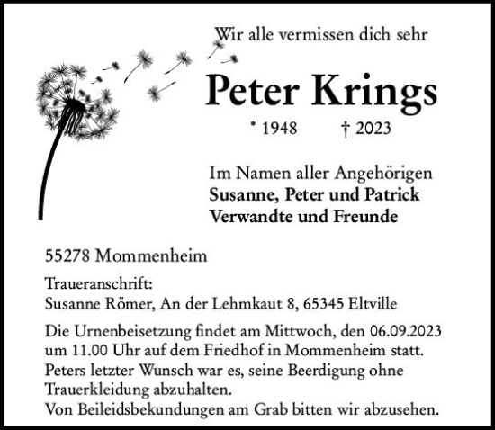Traueranzeige von Peter Krings von Allgemeine Zeitung Mainz