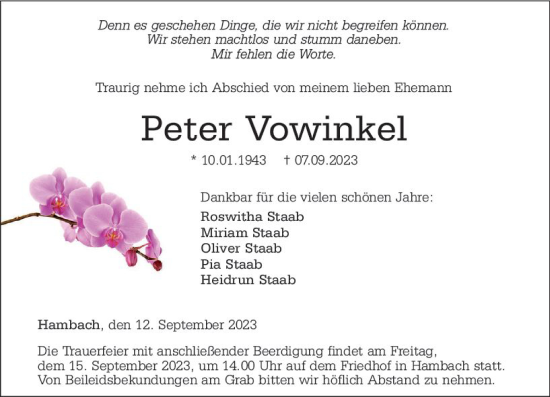 Traueranzeige von Peter Vowinkel von Nassauische Neue Presse