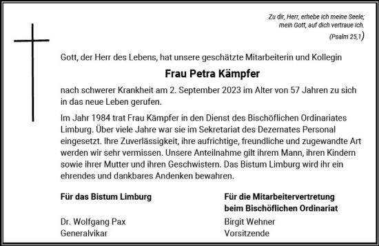 Traueranzeige von Petra Kämpfer von Nassauische Neue Presse