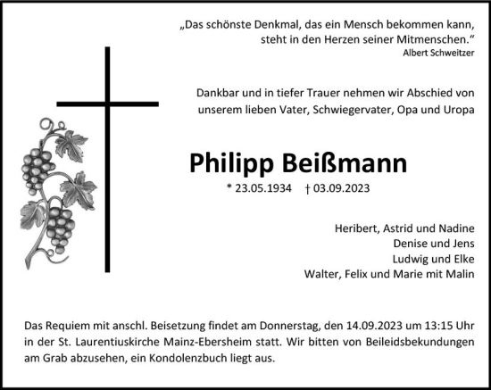 Traueranzeige von Philipp Beißmann von Allgemeine Zeitung Mainz