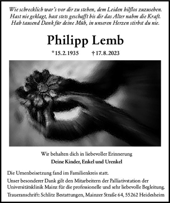 Traueranzeige von Philipp Lemb von Allgemeine Zeitung Mainz