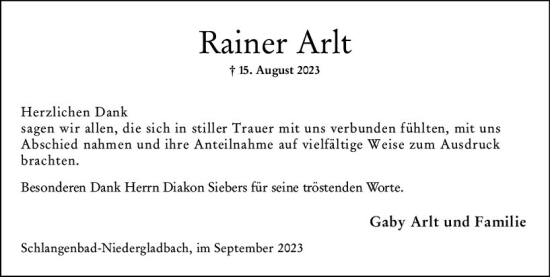 Traueranzeige von Rainer Arlt von Wiesbadener Kurier