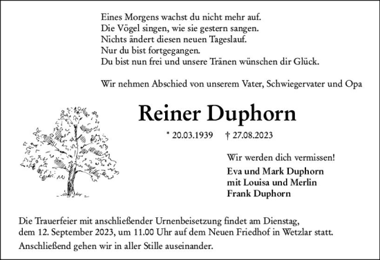 Traueranzeige von Reiner Duphorn von Wetzlarer Neue Zeitung