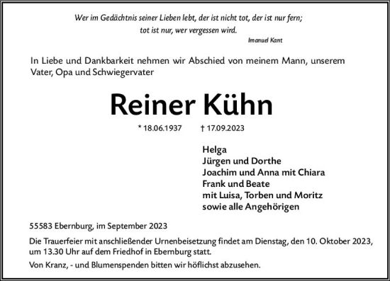 Traueranzeige von Reiner Kühn von Allgemeine Zeitung Bad Kreuznach