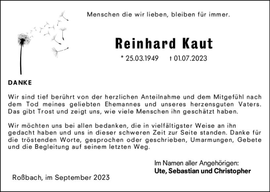 Traueranzeige von Reinhard Kaut von Hinterländer Anzeiger