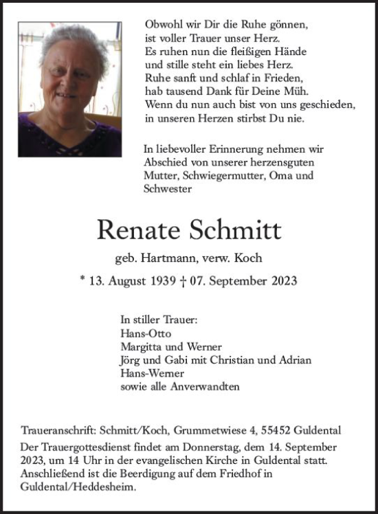 Traueranzeige von Renate Schmitt von Allgemeine Zeitung Bad Kreuznach