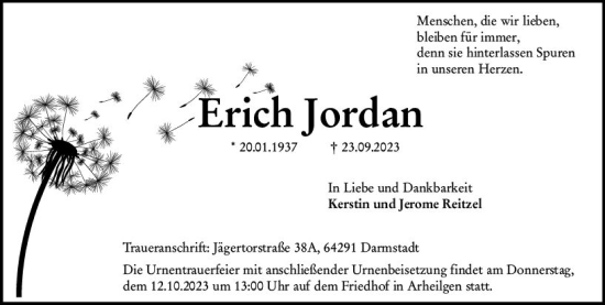 Traueranzeige von rich Jordan von Darmstädter Echo