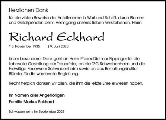 Traueranzeige von Richard Eckhard von Allgemeine Zeitung Bingen/Ingelheim