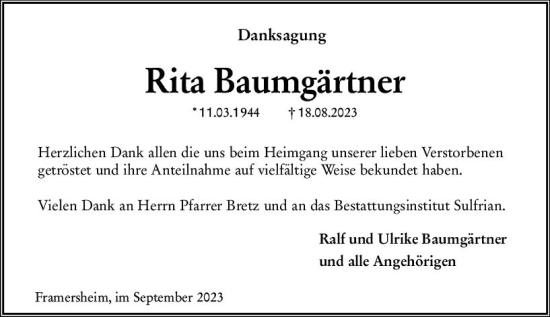 Traueranzeige von Rita Baumgärtner von Allgemeine Zeitung Alzey