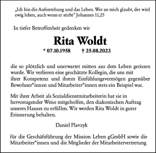 Traueranzeige von Rita Woldt von Allgemeine Zeitung Mainz