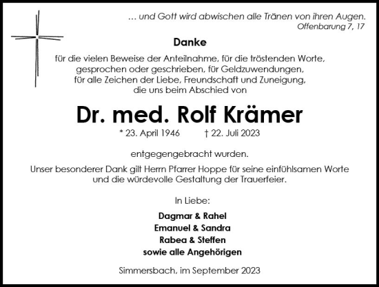 Traueranzeige von Rolf Krämer von Hinterländer Anzeiger