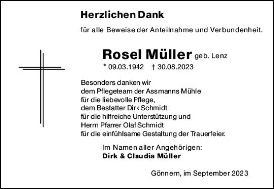 Traueranzeige von Rosel Müller von Hinterländer Anzeiger
