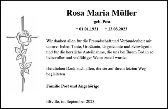 Traueranzeige von Rosa Maria Müller von Rheingau Kurier