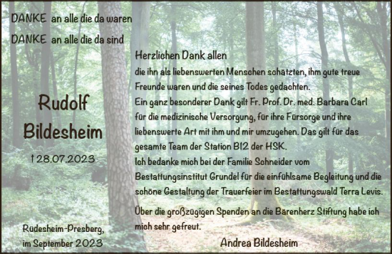 Traueranzeige von Rudolf Bildesheim von Wiesbadener Kurier