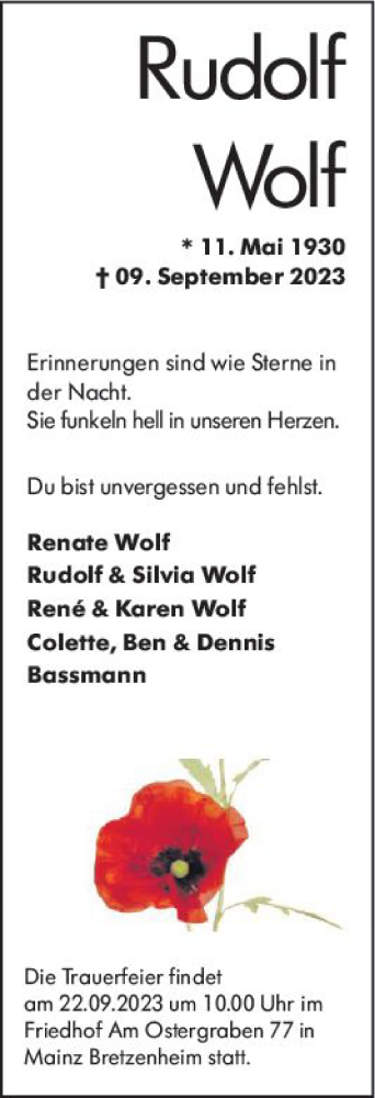 Traueranzeige von Rudolf Wolf von Allgemeine Zeitung Mainz