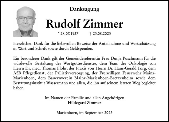 Traueranzeige von Rudolf Zimmer von Allgemeine Zeitung Mainz