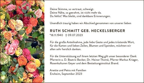 Traueranzeige von Ruth Schmitt von Allgemeine Zeitung Alzey