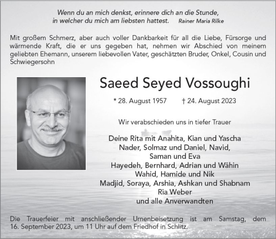 Traueranzeige von Saeed Seyed Vossoughi von VRM Trauer