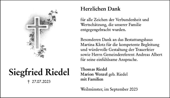 Traueranzeige von Siegfried Riedel von Weilburger Tageblatt