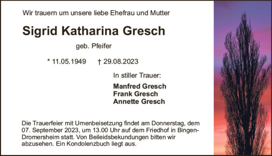 Traueranzeige von Sigrid Katharina Gresch von Allgemeine Zeitung Bingen/Ingelheim