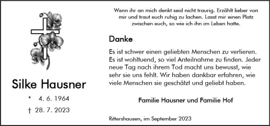 Traueranzeige von Silke Hausner von Dill Block