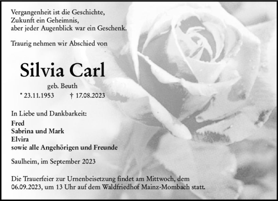 Traueranzeige von Silvia Carl von Allgemeine Zeitung Mainz